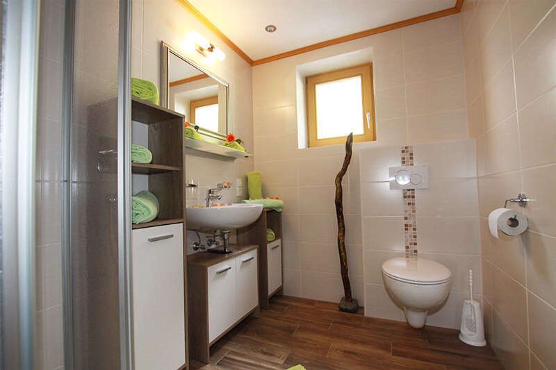 Badezimmer mit Dusche und WC im Appartement 3 im Apart Miramonte in Kappl