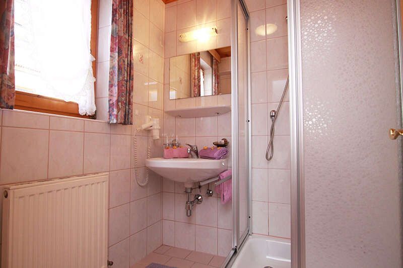 Bathroom with shower in the double room in Apart-Garni La Fontana